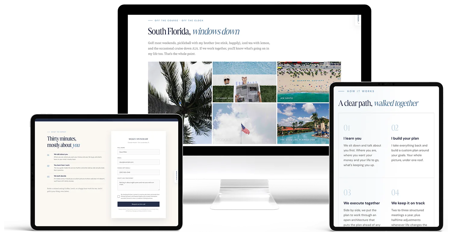 Coastal Wealth site on a desktop monitor and two tablets — lifestyle gallery, four-step process, and intro-call form